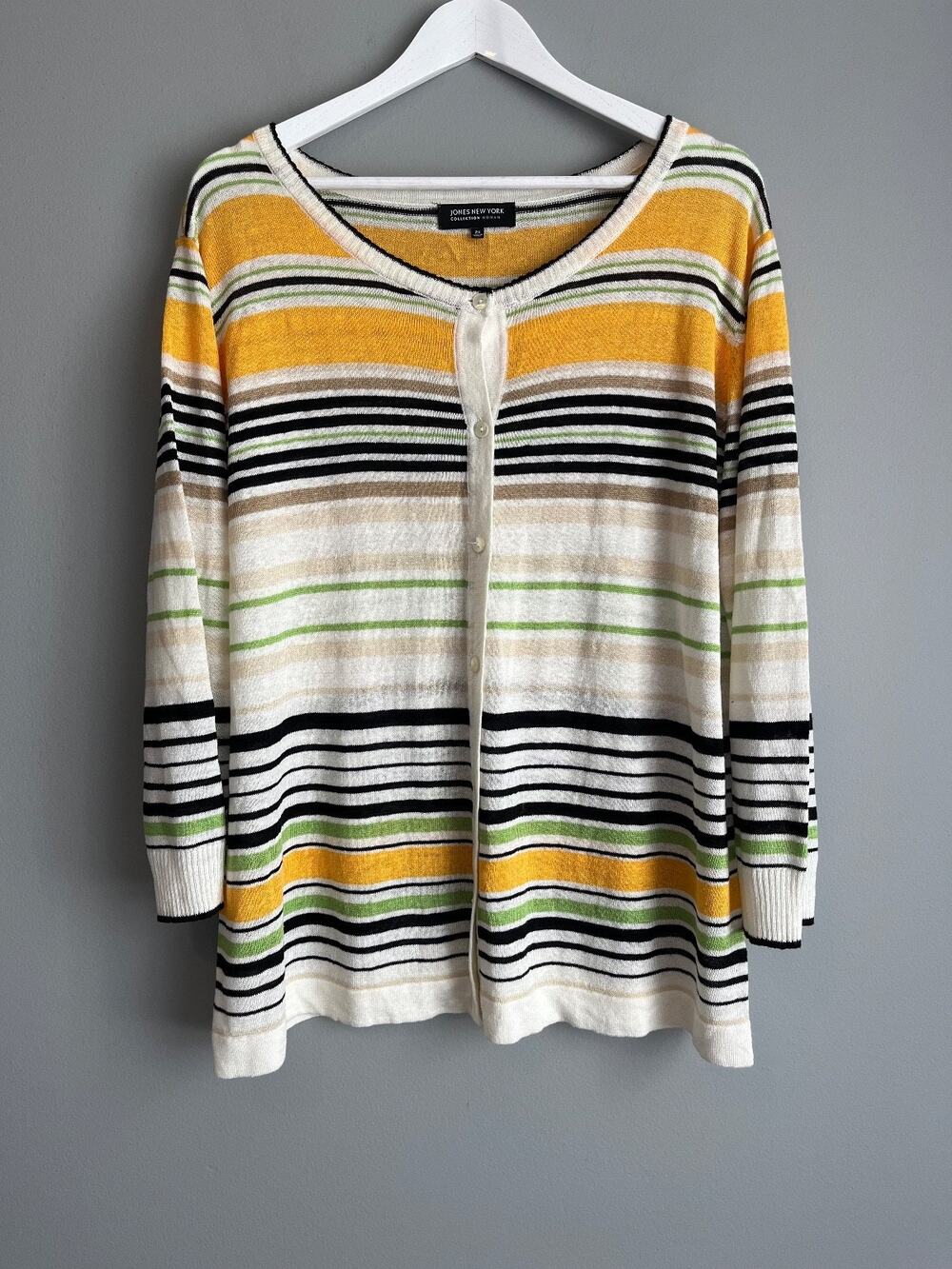 Jones New York Women's 2X Striped Coastal Linen Cardigan Button Up Preppy